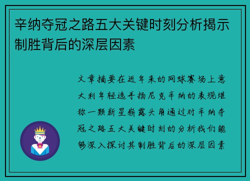 辛纳夺冠之路五大关键时刻分析揭示制胜背后的深层因素