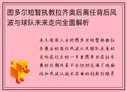 图多尔短暂执教拉齐奥后离任背后风波与球队未来走向全面解析
