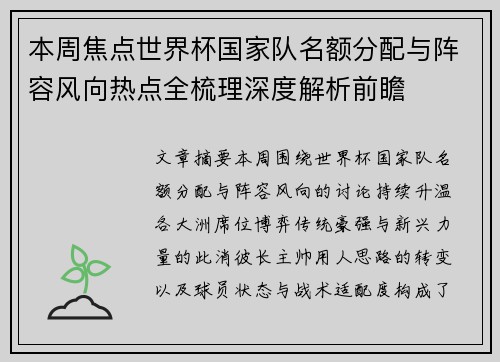 本周焦点世界杯国家队名额分配与阵容风向热点全梳理深度解析前瞻